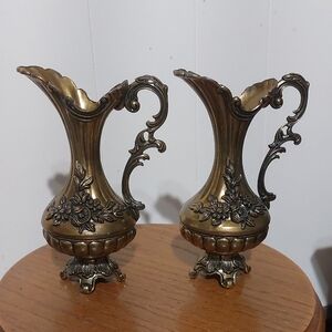 Pr. Vintage 7 in. Elegant Italian Brass Decorative Pitchers Vases